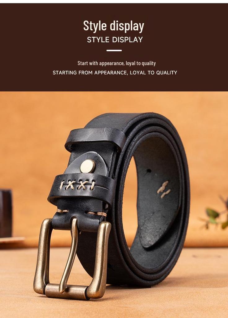 Handmade Men's Genuine Leather Pin Buckle Belt: Pure Cowhide, Casual Retro Design for Students, Middle-aged, and Young People, Trendy Denim Accessory.