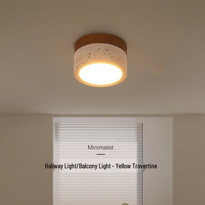 Yellow Travertine LED Ceiling Light - Mid-Century Wabi-Sabi Cream Style for Hallway and Entrance.
