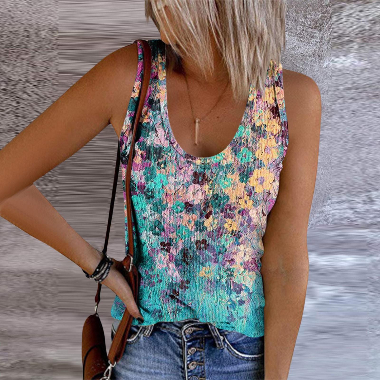 

Женская летняя модная футболка без рукавов с цветочным принтом, майка S небесно-голубой