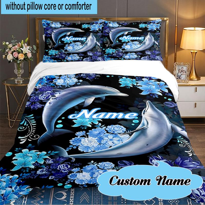 Custom Name 3PCS Love Dolphins Heart Bedding Set Including 1pc Duvet Cover And 2pcs Pillowcases for Bedroom, Dormitory Gift Home Decor