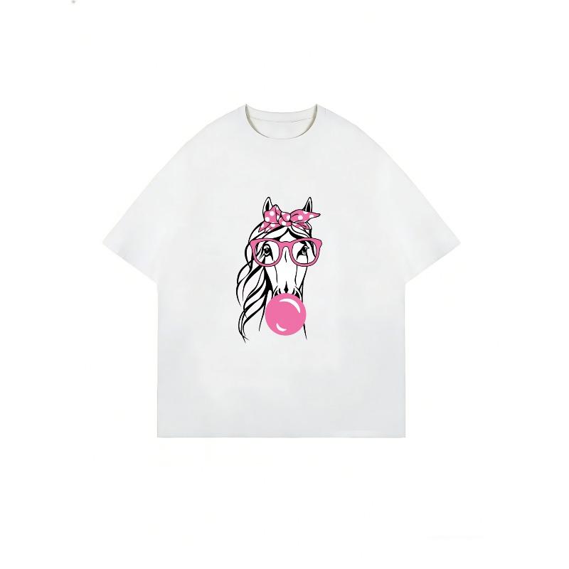 Oversized T Shirt Black Horse With Pink Glasses And Bow Bubble Gum Print Casual Wear For Women Summer Outfit Street Style Fashion Top