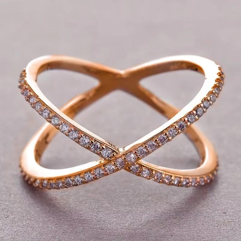 Huitan Luxury Cross X Shape Women Engagement Ring Full Paved CZ Stone CopperColor Elegant Simple Female Jewelry Ring