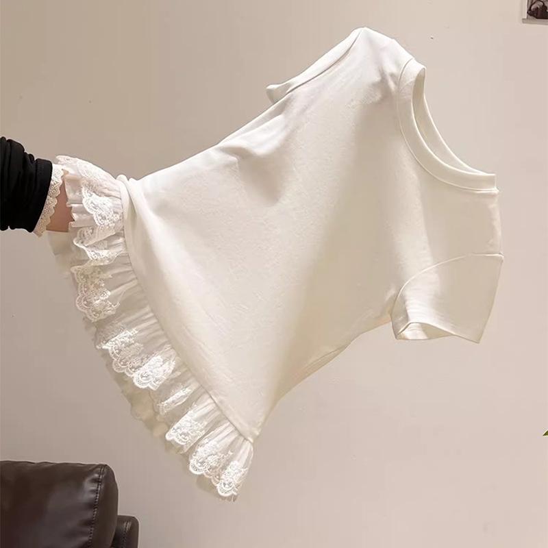 Pure Lace Hem Round Neck Short-sleeved T-shirt Women's Summer New Slim and Thin Student Tops Trendy