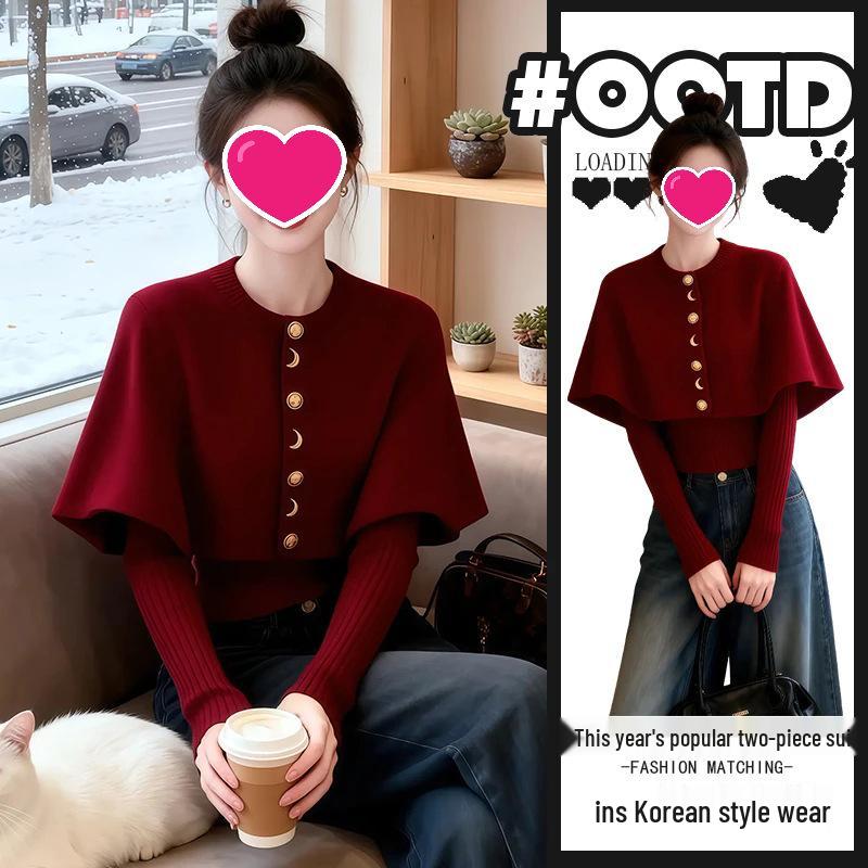

2026 Spring/Autumn Layered Red Knit Shawl & Slim Top Two-Piece Set M [95-105 lbs]