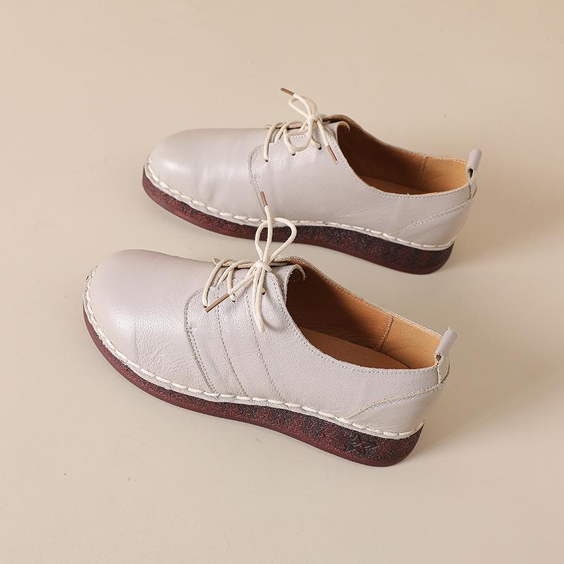 Johnature Genuine Leather Soft Soled Women's Shoes Casual Versatile Lace-up Soft Cowhide Flats