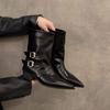 Pointed high heel brown small short boots women's shoes spring and autumn single boots retro belt buckle medium tube pants tube boots
