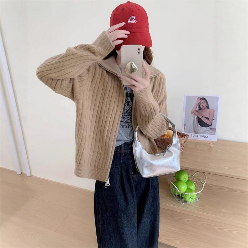 Loose lazy wind age-reducing sweater jacket women's autumn and winter new twist stand-up collar zipper fashion knitted cardigan