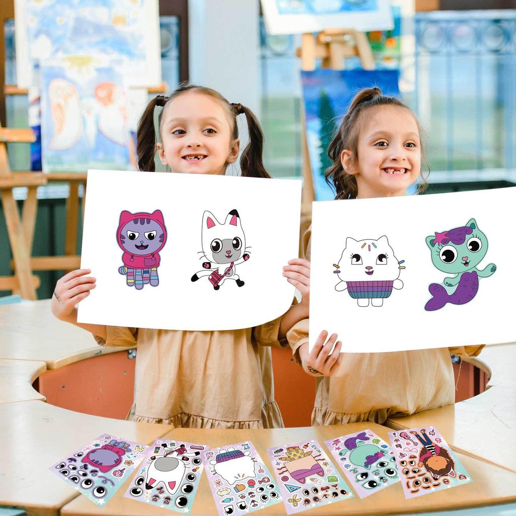 12Sheets Gabby Dollhouse Stickers Make a face Stickers Cartoon Girl and Cat DIY Game Children Cartoon Jigsaw Education Toys Gift
