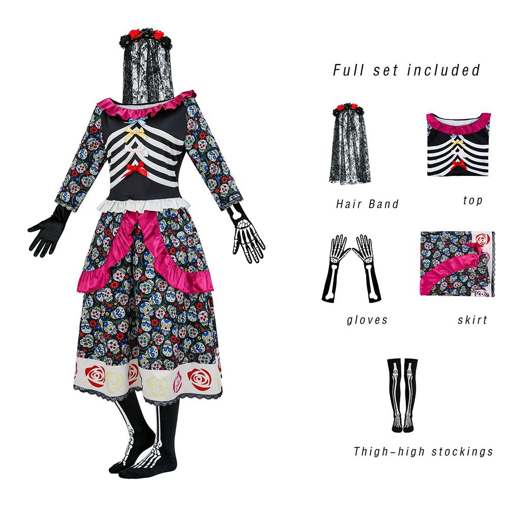 Ghost Bride Cosplay Costume Dress Mexican Day Of The Dead Colorful Flower And Rose Skull Print Horror Cosplay Halloween Costume