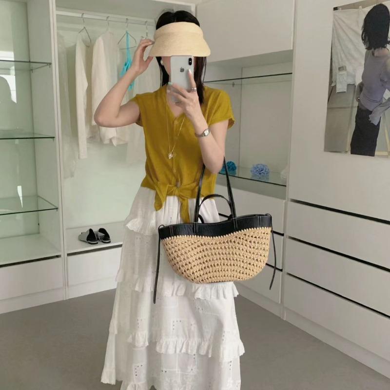 Internet celebrity popular POLE high quality French straw tote bag leather splicing versatile portable underarm vegetable basket bag