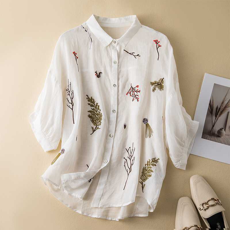 

Летняя рубашка из хлопка и льна Seven Point с вышивкой для женщин с отворотом свободного покроя XXL белый