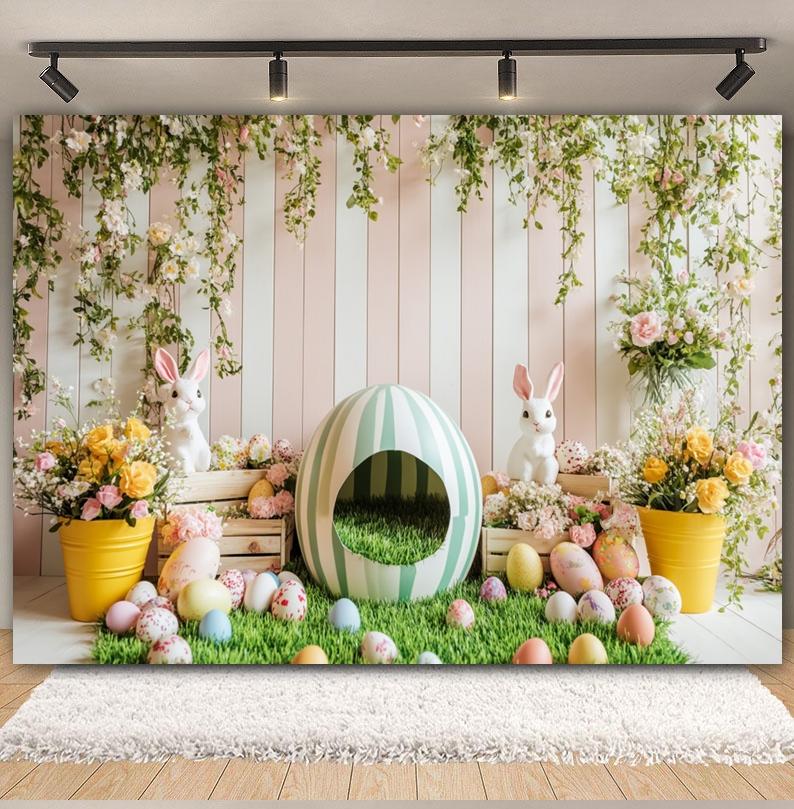 Spring Easter Photography Backdrop Wood Board Flowers Rabbits Eggs Kids Birthday Baby Shower Spring Party Decor Photo Background