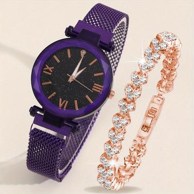 2pcs/set Women's Elegant Watch Fashion Casual Stainless Steel Mesh Band Wrist Watch & Bracelet, Best Gift for Her