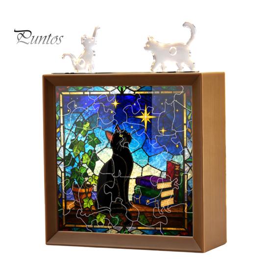 Wooden Photo Frame Base DIY Acrylic Cat Puzzles Night Light, Hand-Assembled Stained Glass Style Jigsaw Lamp with Personalized Handmade Presents Decor,