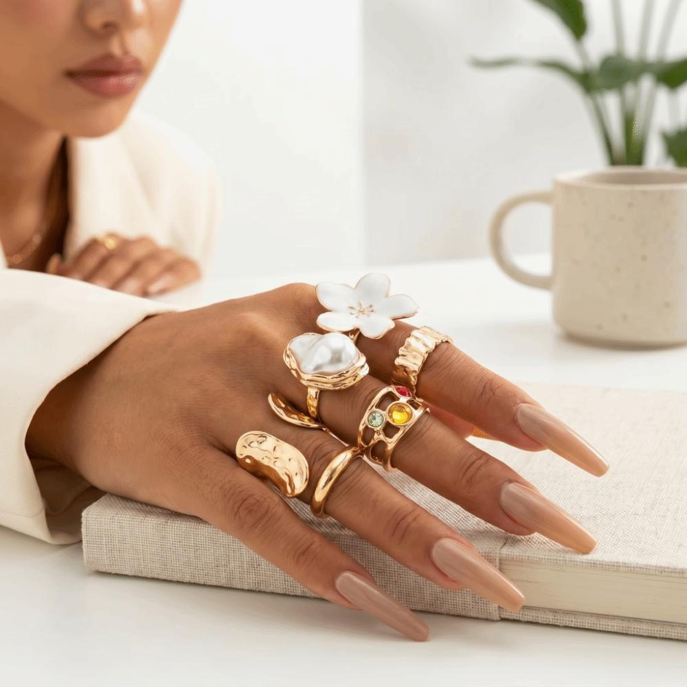 6/8/12 pcs/set Gold Sliver Open Ring Sets Zinc Zinc Alloy Floral Ring Elegant Geometric Baroque Ring Gift