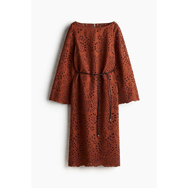 

HM 2025 Summer New Women clothes Fashion Hollow Embroidery Dress 1272632 Brown 150/76(XXS)