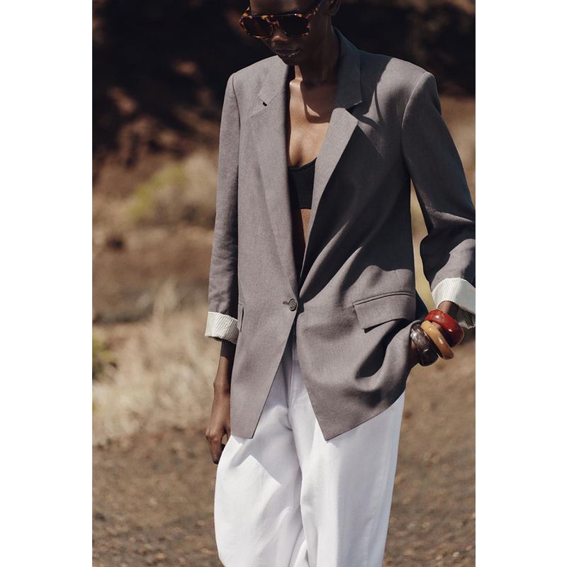 Spring New Women's Clothing with Padded Shoulder Print Cuff Linen Blended Casual Suit Jacket 2686709