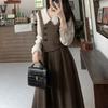 Spring Autumn Elegant Fashion Fake Two Pieces A-line Dress Ladies Long Sleeve Vintage Patchwork Robe Vestidos