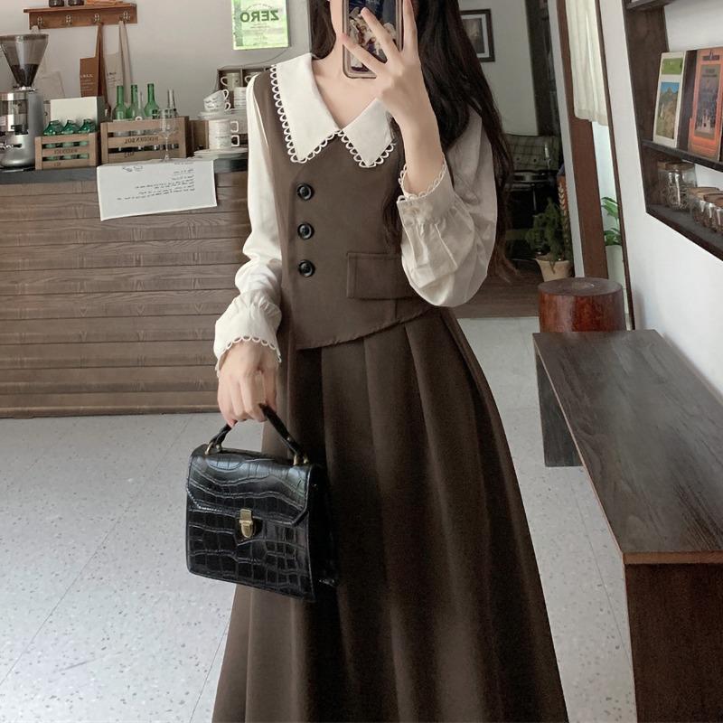 Spring Autumn Elegant Fashion Fake Two Pieces A-line Dress Ladies Long Sleeve Vintage Patchwork Robe Vestidos