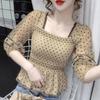 Mesh-Einsätze Wellenpunkt Bluse Damen Crop Top Quadratischer Ausschnitt Chiffonhemd Elastischer Raffrücken Temperament Feenhafter Stil Sommer