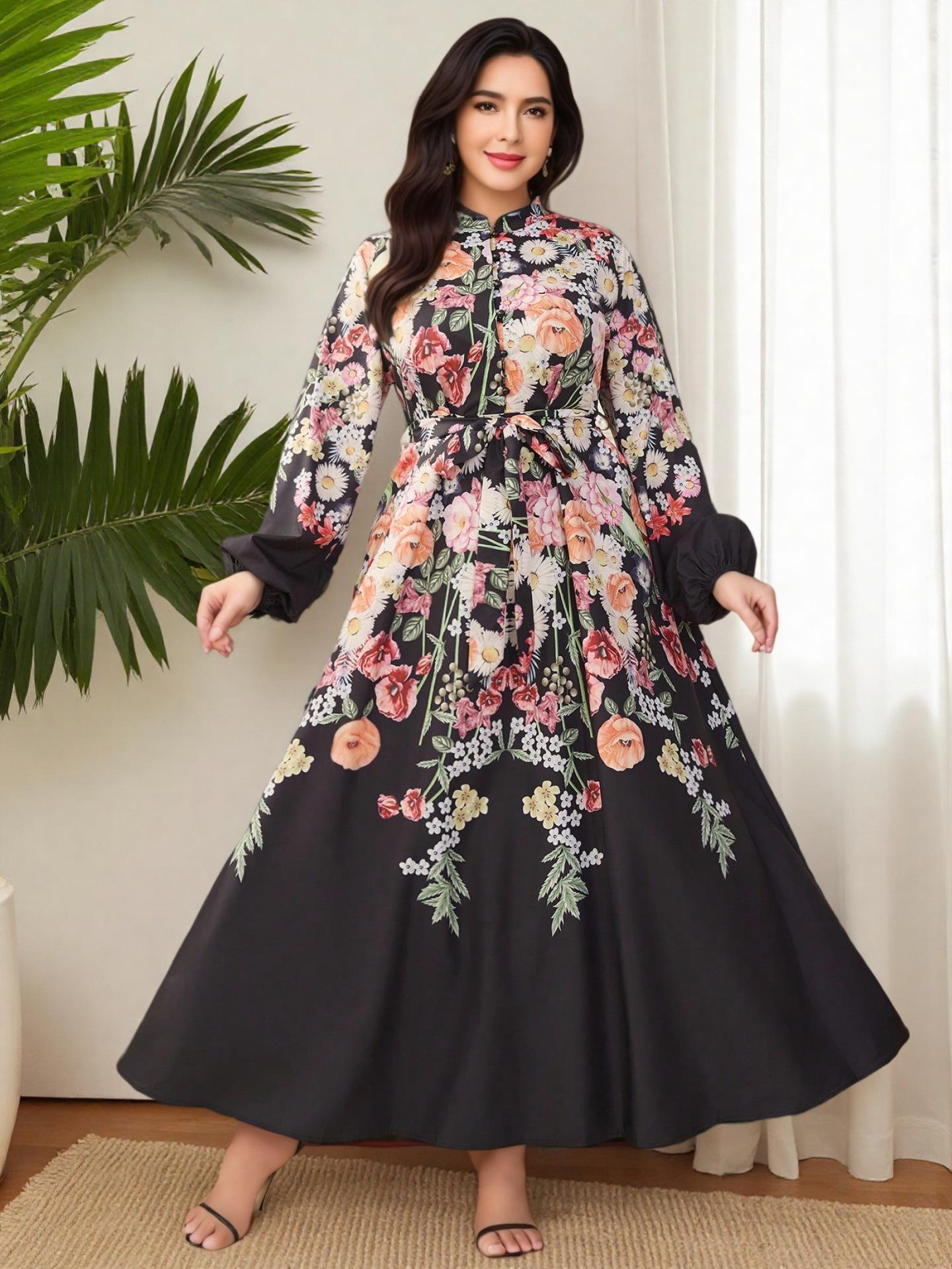 

Spring/Summer 2025 Resort Floral Print Stand Collar Plus Size Dress 1XL