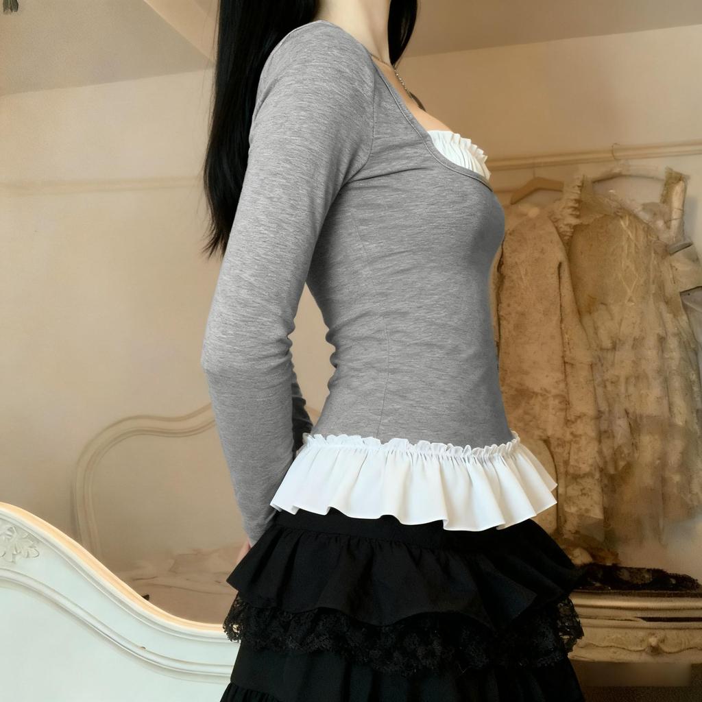 French Doll Collar Patchwork Lace Long-Sleeve Top