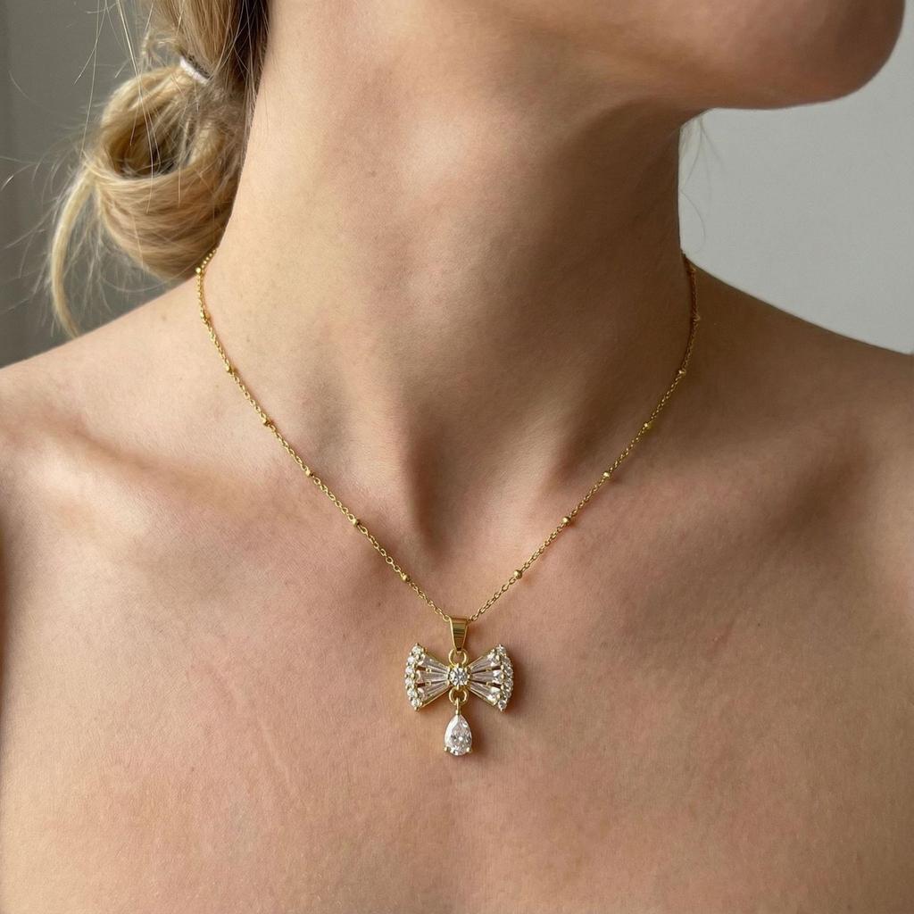 Super Sparkle Zirconia Bow Pendant Necklace, 18K Colorfast Elegant Fashion Jewelry