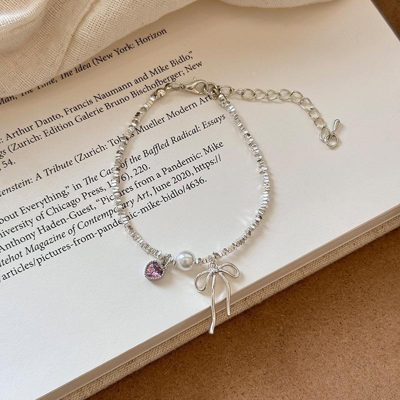 Romantic Pink Crystal Heart Pendant Bangles For Women Silver Color Small Square Bead Bow Bracelet Good Friend Jewelry Gift