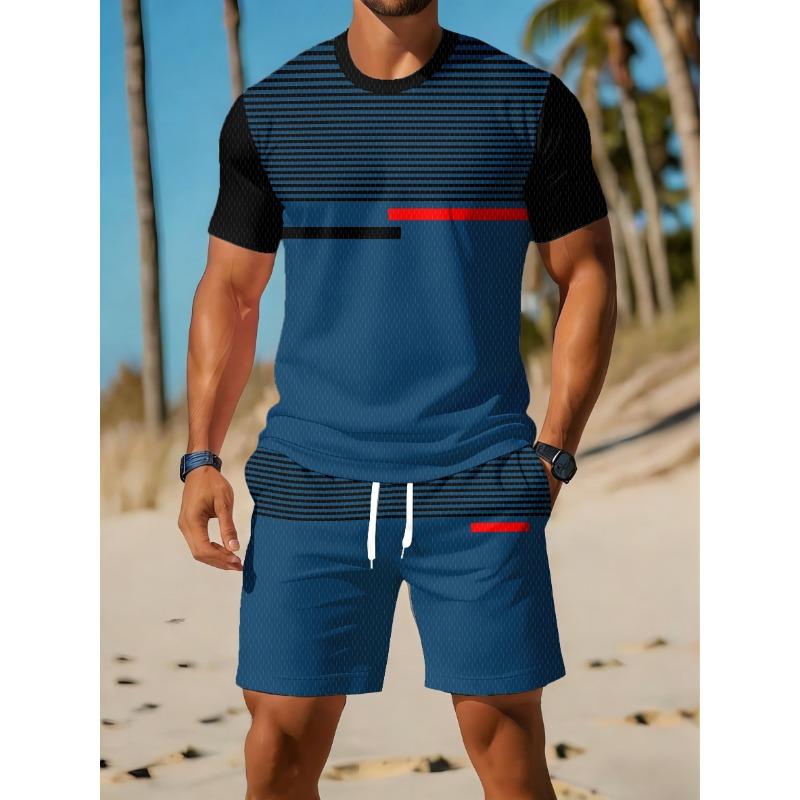 Men's Sports Short Sleeve Top Shorts Set Plus Size Breathable Basketball Sports Clothing Stripe Print T-shirt Shorts 2-piece Set