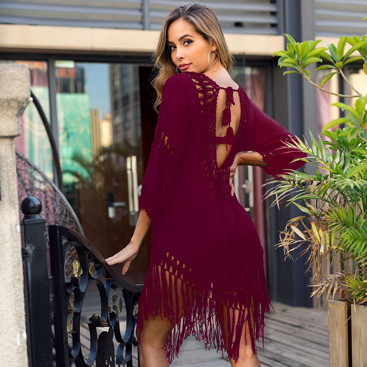 

Trendy Ins-Style Backless Crochet Tassel Beach Skirt One Size вина червоного кольору