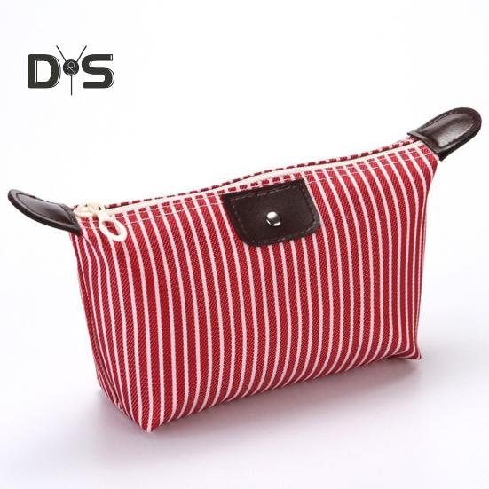 Striped Cosmetic Bag Waterproof Foldable Large Capacity Zipper Closure Dumpling Shape Portable Makeup Organizer for Travel Home Storage