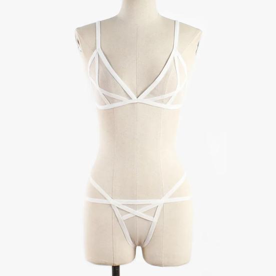 2 Pcs/Set Bra Panties Set See-through Mesh Hollow Out Solid Color Elastic Strap Decor Thin High Waist Wedding Night Honeymoon Underwear Set