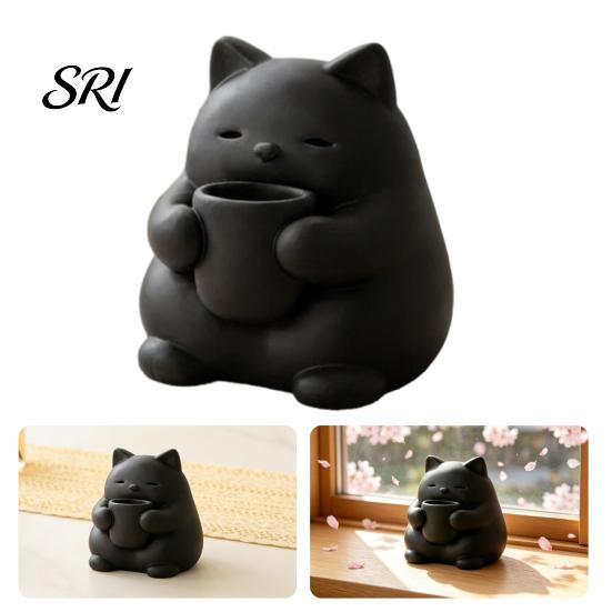 Cat Decor Mini Cute Figurine 3D Printed Drinking Tea Statue Healing Ornament Small Desktop for Living Room Bedroom Office Shelf Black And White