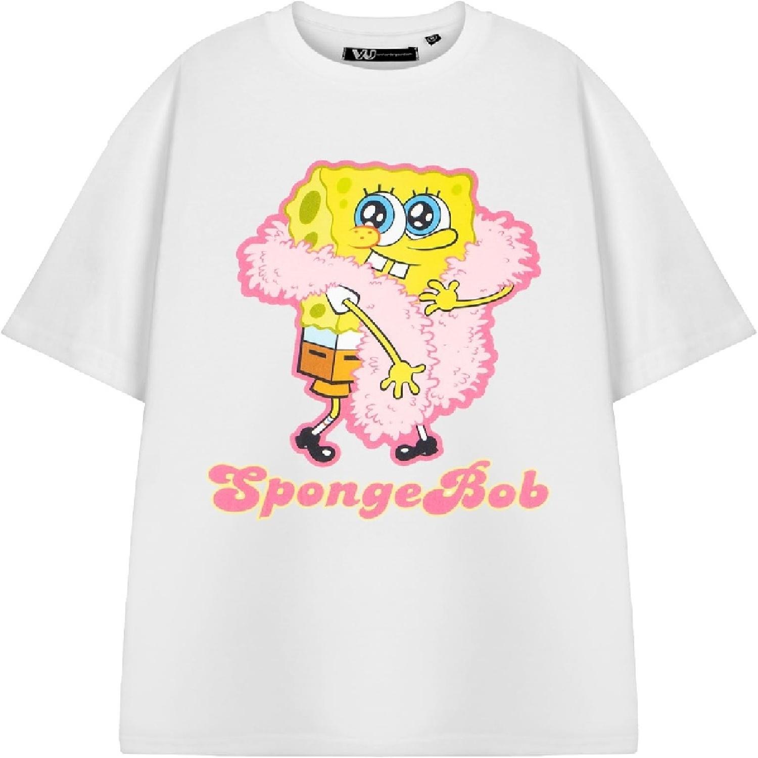 

SpongeBob SquarePants Women s White Cartoon Graphic Tee _ Classic Crew Neck Spongebob T-Shirt _ Plain Short Sleeve Pull-On XXXXXL білий