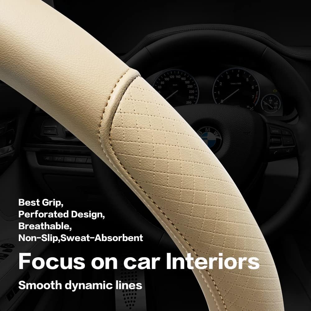 VARGTR Microfiber Leather Steering Wheel Cover With Classic Embossing, Anti-Slip Breathable Auto Car Wheel Protector, Fit 15 Inch (Beige)