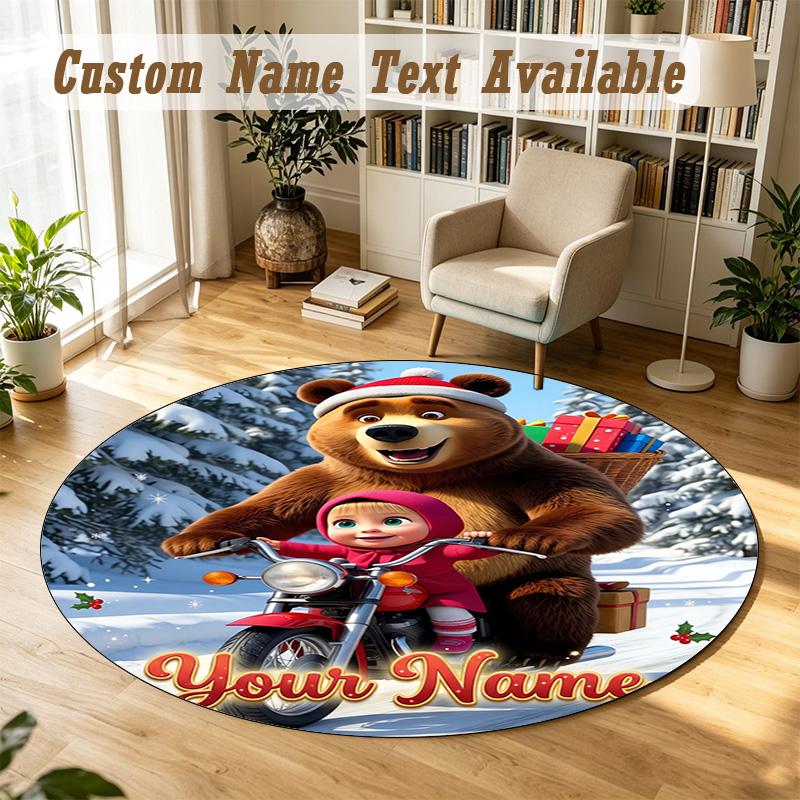 Round Rug Custom NameMasha and the Bear cartoon Pattern Non Slip Carpet Home Floor Decor