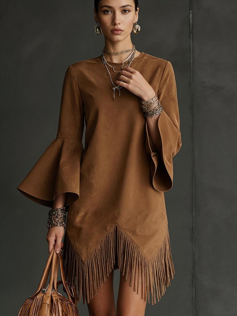 Retro Bell Sleeve Tassel Loose Dress for Women