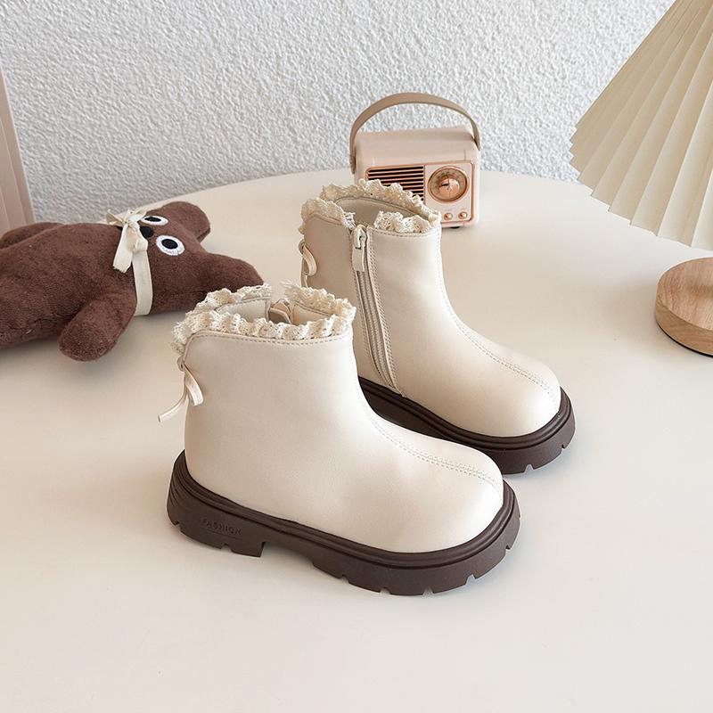 Children Short Boots Korean Style Versatile Kids Leather Boots with Sweet Lace Girls Casual Boots Side Zipper