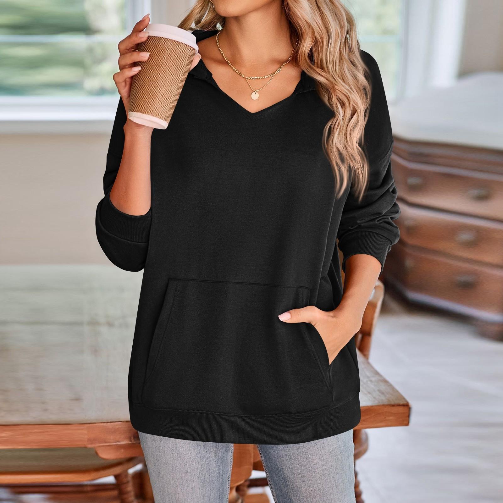 

Женская повседневная однотонная толстовка с V-образным вырезом, длинными рукавами, капюшоном и карманом, пуловер чёрный