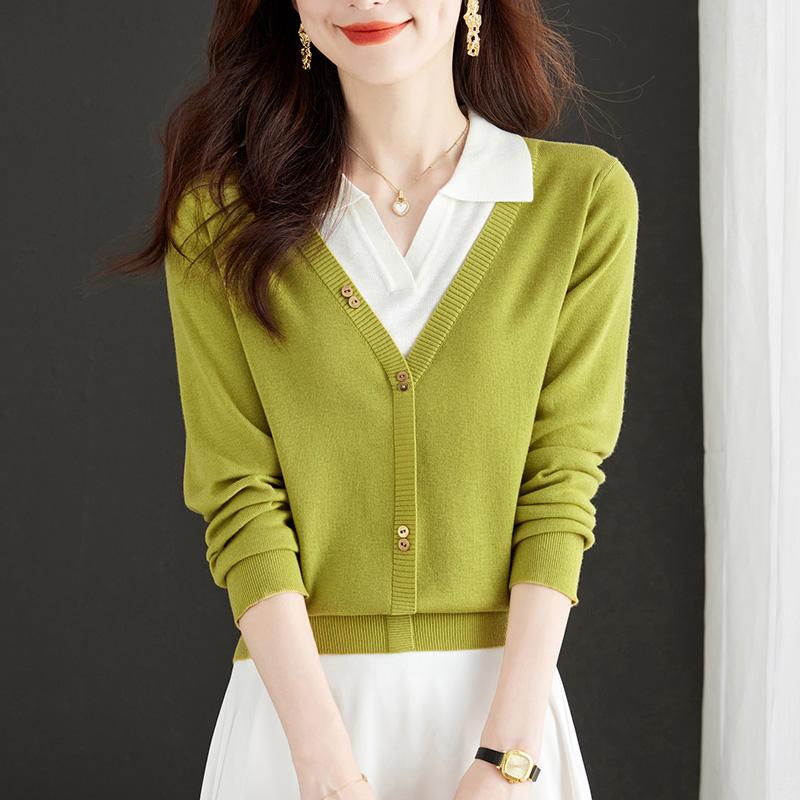Fake Two Piece Long Sleeved Pullover Shirt Mom Autumn Outfit Polo Collar Knitted Sweater Women's Lapel Sweater Base Shirt