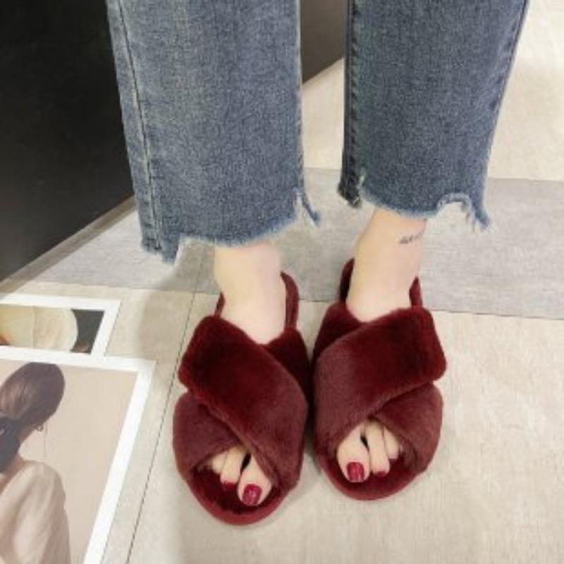 Large Size Fluffy Slippers Women's Autumn and Winter New Flat Bottom Home Indoor Cross Plush Cotton Mop