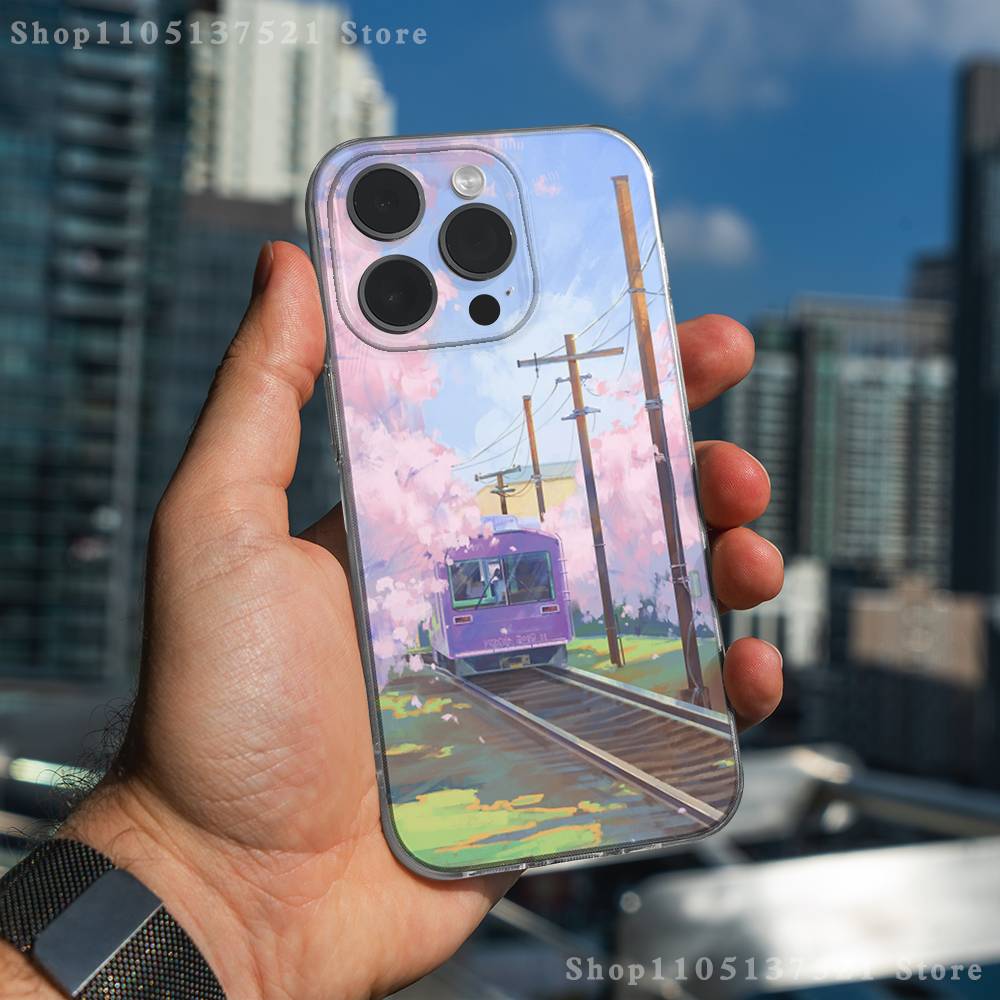 Coque de téléphone Train Fleur de Cerisier Art pour iPhone 17,16,15,14,13,12,11 Pro,Max,Plus,XR,Mini,E Transparente Couverture Complète Souple