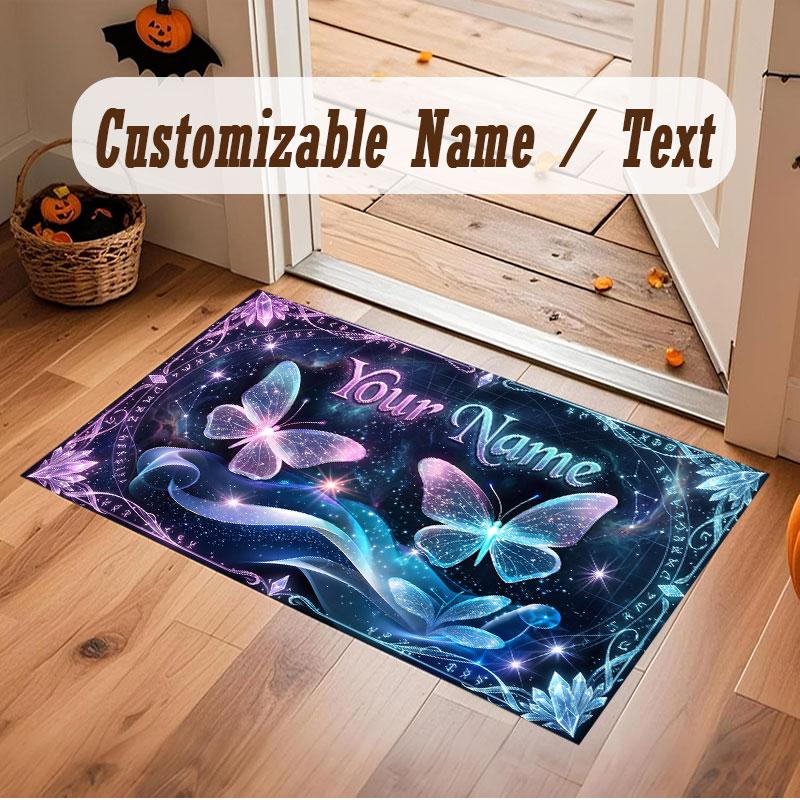 Butterfly Theme Crystal Velvet Floor Rug Personalized Custom Name Text Warm Carpet Home Decoration
