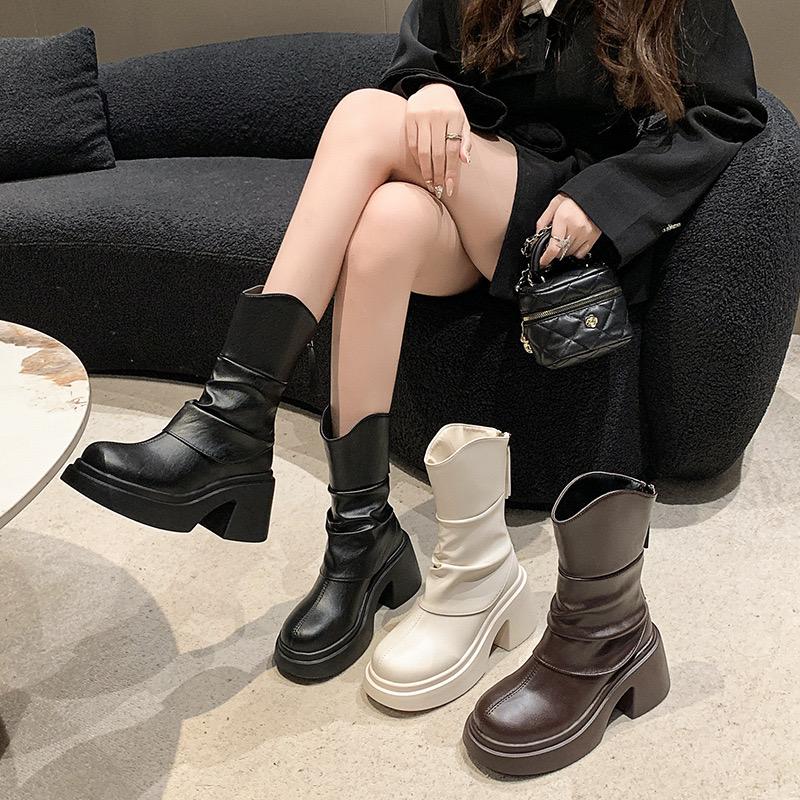 High Quality Women's Boots Platform Short Boots Middle Tube Casual Leather Boots for Women Zipper Ankle Boot Botas Mujer