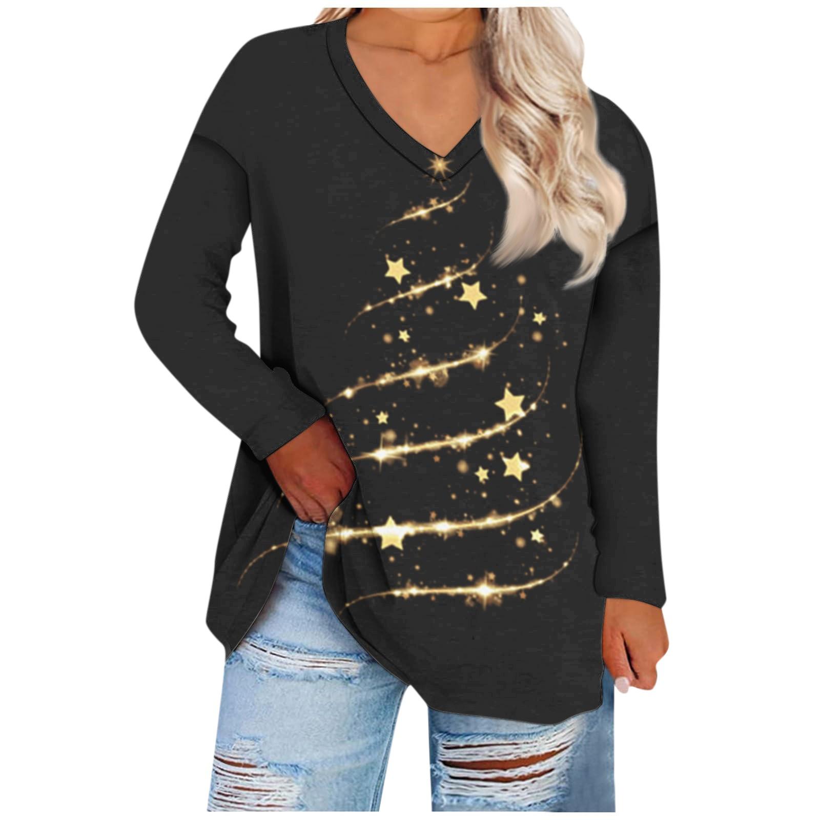 

Женская мода с рождественским принтом и v-образным вырезом, большая повседневная футболка с длинными рукавами, топ XXXXXL чёрный