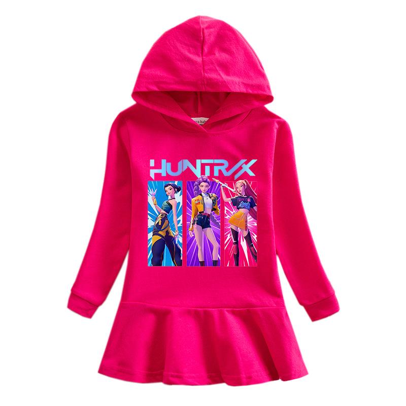 Kpop Demon Hunter Girls' Rainbow Ruffle Hooded Dress – Long Sleeve Princess Style for Spring & Autumn