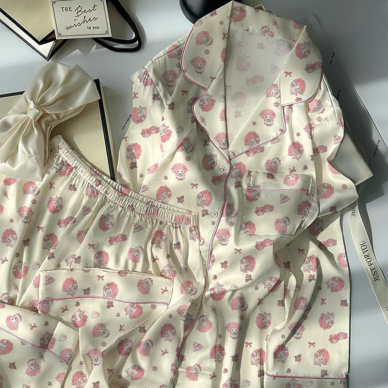 Pajamas Women'S Sweet Cartoon Long-Sleeved Trousers Spring And Summer Thin Ice Silk High-Value Wind-Cool Loungewear