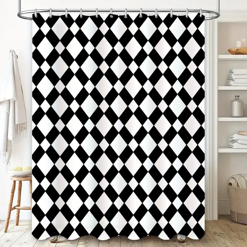 Modern Bathroom Decor: Bold Black White Checkered Shower Curtain Set for Bathrooms Waterproof Fabric with Hook Rings (205x183cm)