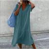9 Colors Solid Color Cotton Linen Midi Dresses Women Fashion Casual V-neck Short Sleeves Loose Dress Simple Style Lady Dress