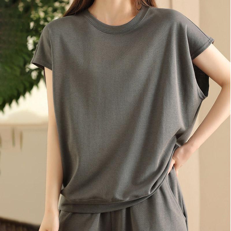 

2PC Summer Suit Women cotton T-shirt Pants Two-piece Solid Color Top and Longs Pants Loose Casual Suit XXXXL